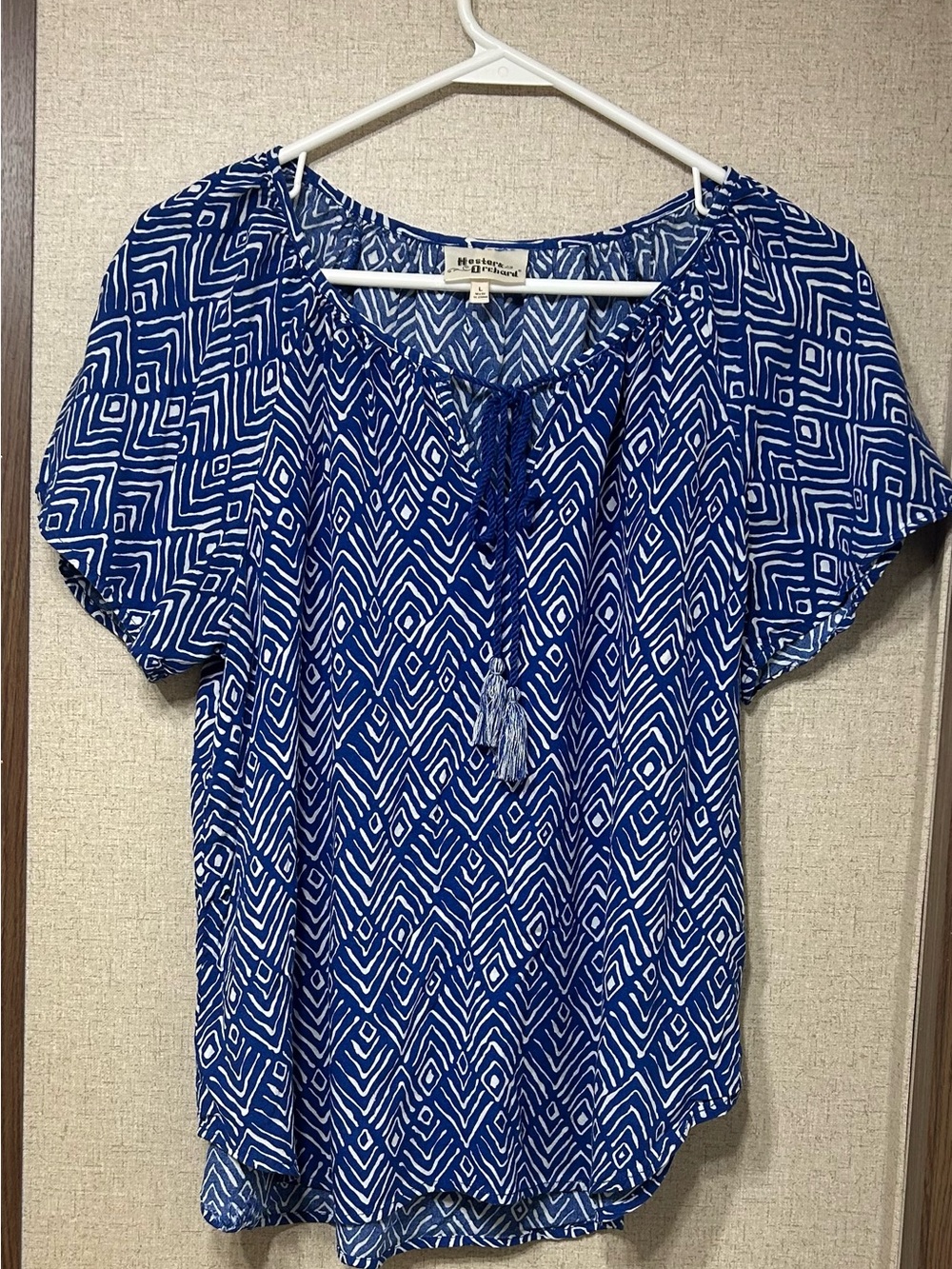 croft & barrow Royal Blue and White Geometric Peasant Blouse